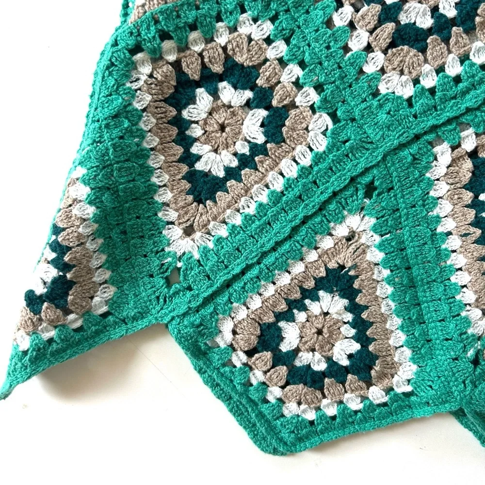 Boho Turquoise Green Crochet Knit Granny Square Sweater Crop Tank Top - Picture 3 of 5